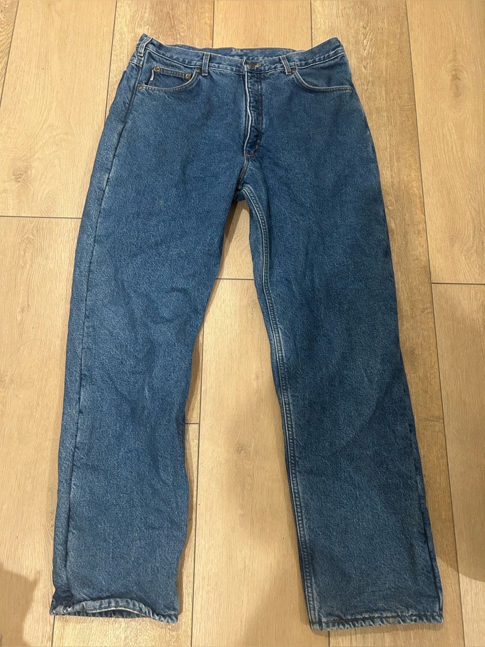 VTG Carhartt Jeans Mens 38x34 Relaxed Fit Straight Fleece Lined B155DST USA Made